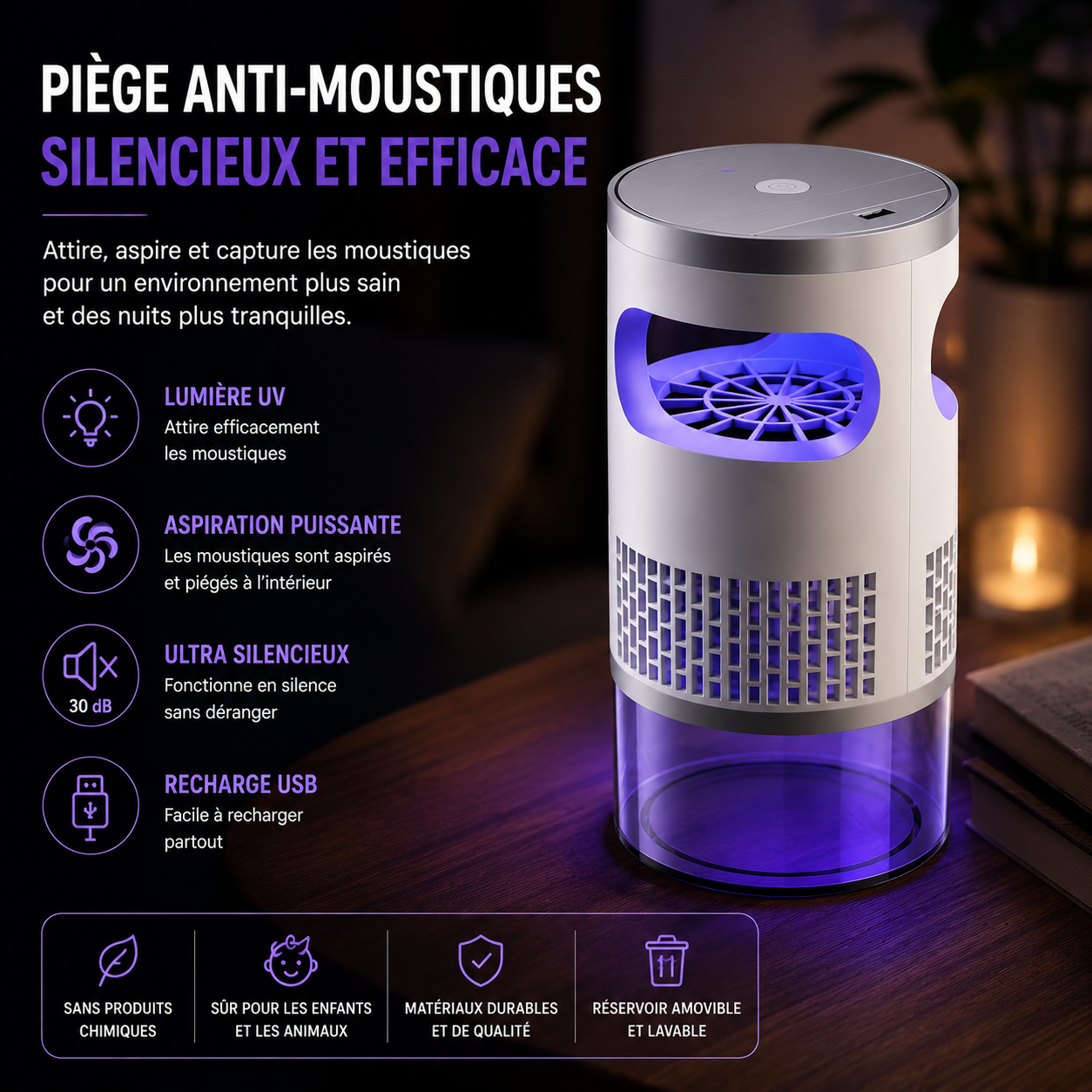 💡 Appareil Anti-Insectes LED d'Intérieur – Capture Physique, Silencieux & Veilleuse ✨