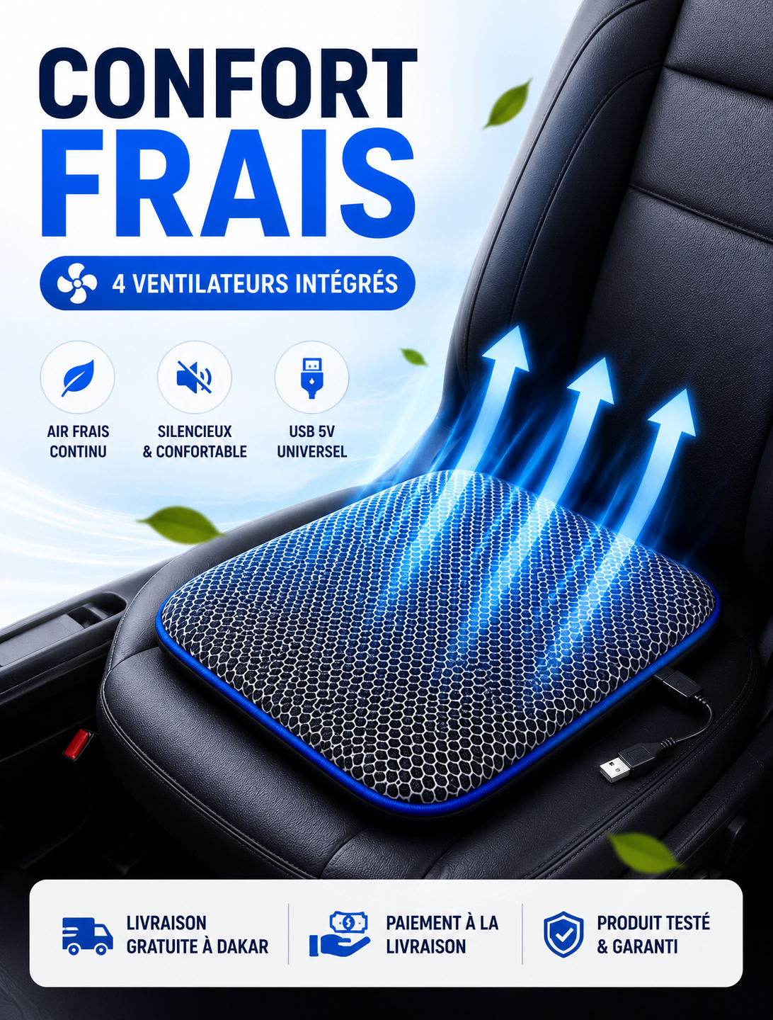 Coussin de siège auto avec ventilateur rafraîchissant
