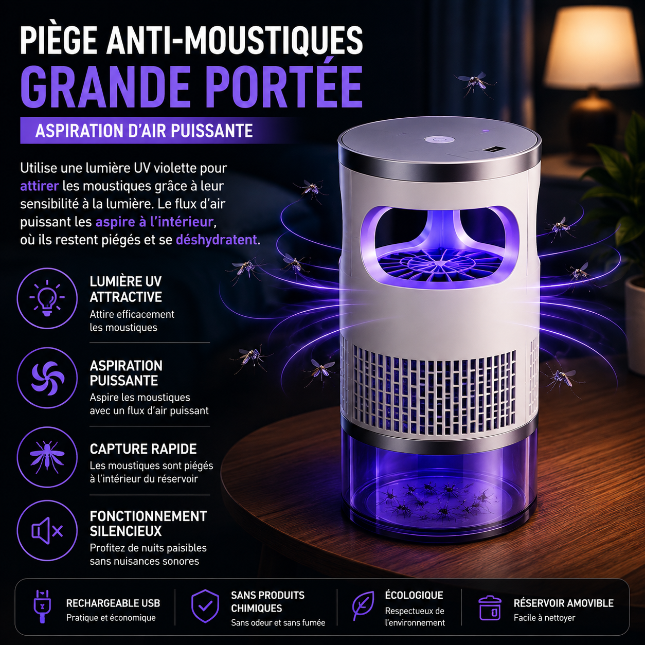 💡 Appareil Anti-Insectes LED d'Intérieur – Capture Physique, Silencieux & Veilleuse ✨