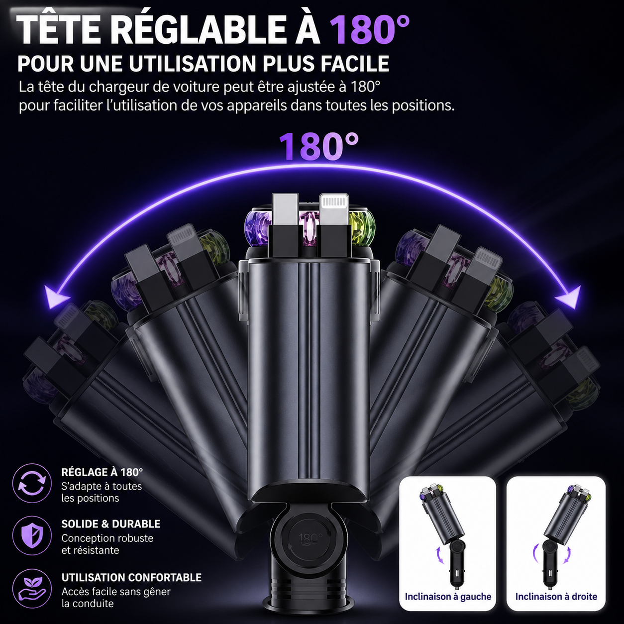 ProCharge 5-en-1 — Chargeur Voiture Rapide 69W avec Aromathérapie, RGB & Câbles Intégrés