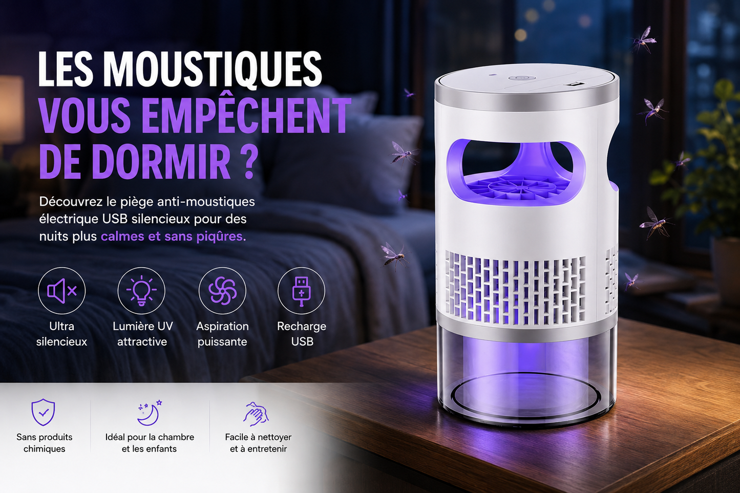 💡 Appareil Anti-Insectes LED d'Intérieur – Capture Physique, Silencieux & Veilleuse ✨