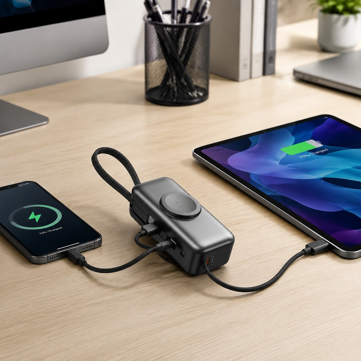 Batterie Externe M-QUEEN 10000mAh avec Chargeur Sans Fil MagSafe et Câble USB-C Intégré