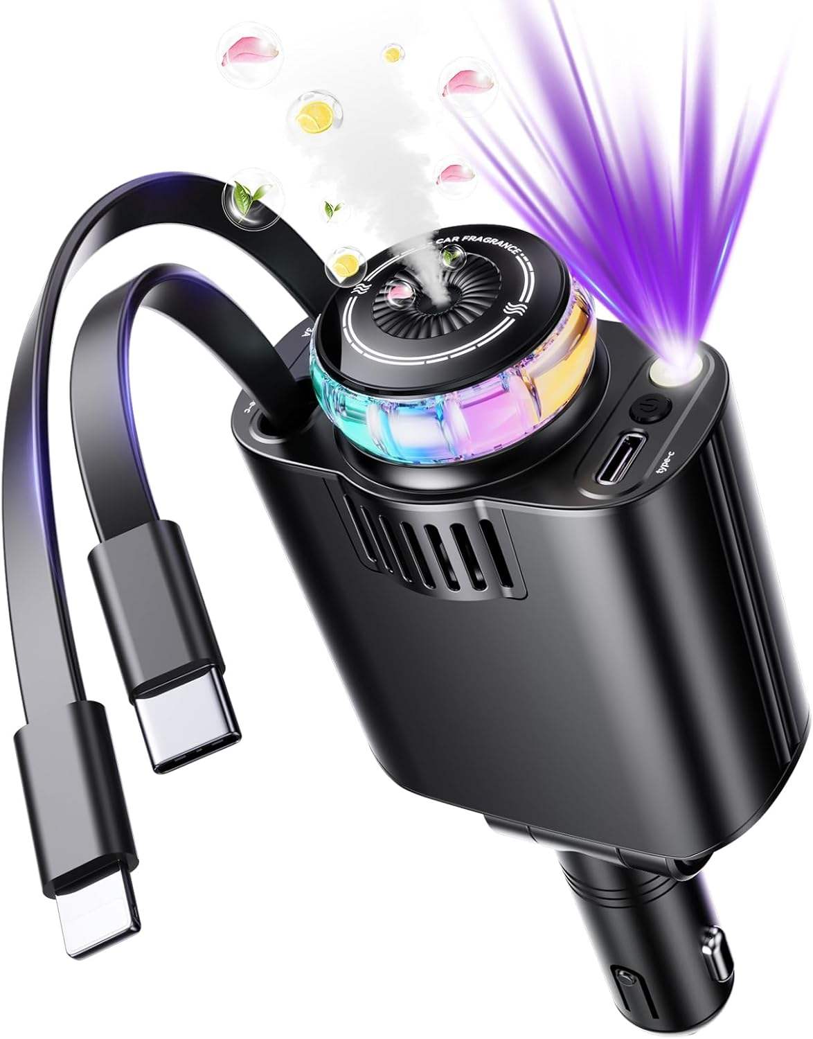 ProCharge 5-en-1 — Chargeur Voiture Rapide 69W avec Aromathérapie, RGB & Câbles Intégrés