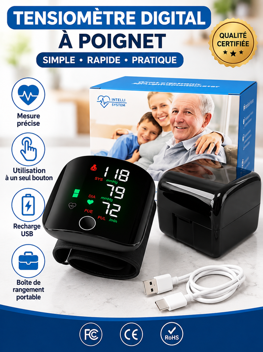 Tensiomètre Poignet Rechargeable – Précision Médicale – Mesure Rapide et Précise avec Annonce Vocale Français