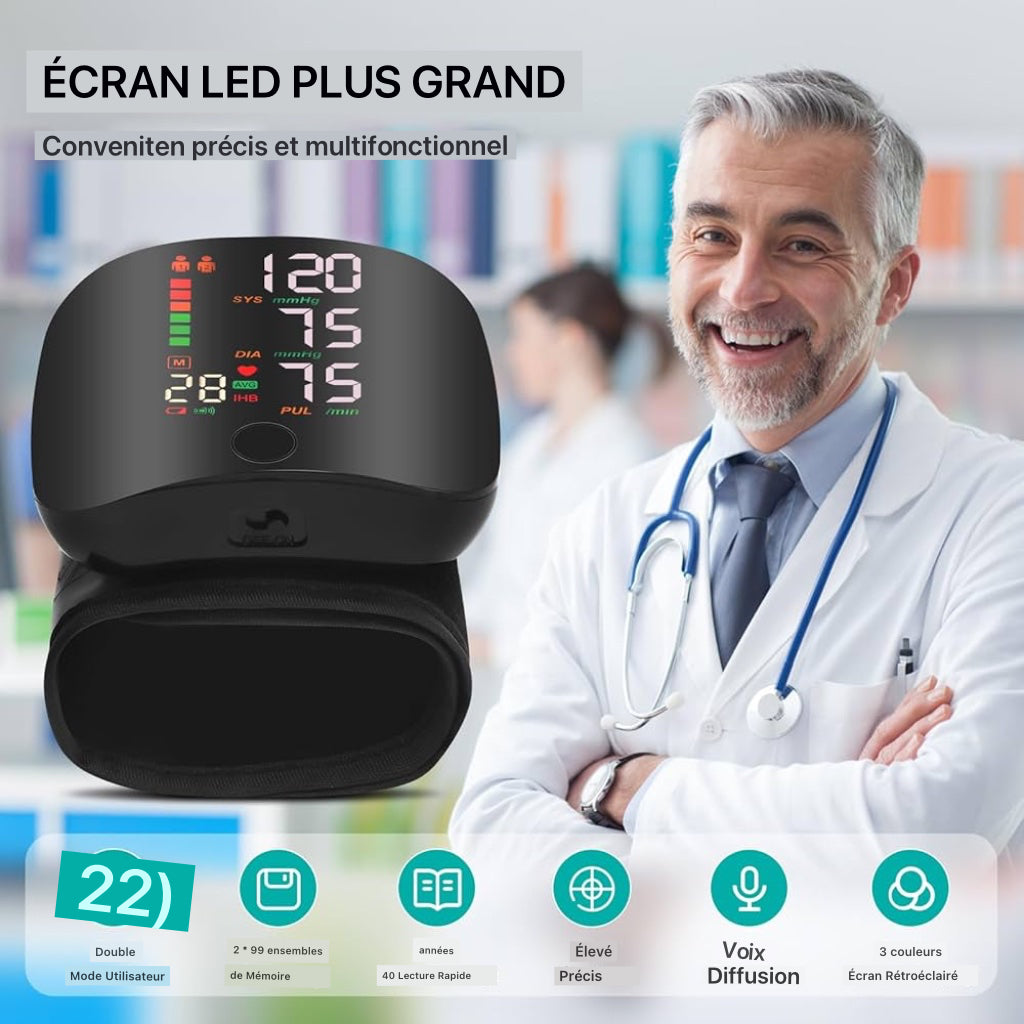 Tensiomètre Poignet Rechargeable – Précision Médicale – Mesure Rapide et Précise avec Annonce Vocale Français