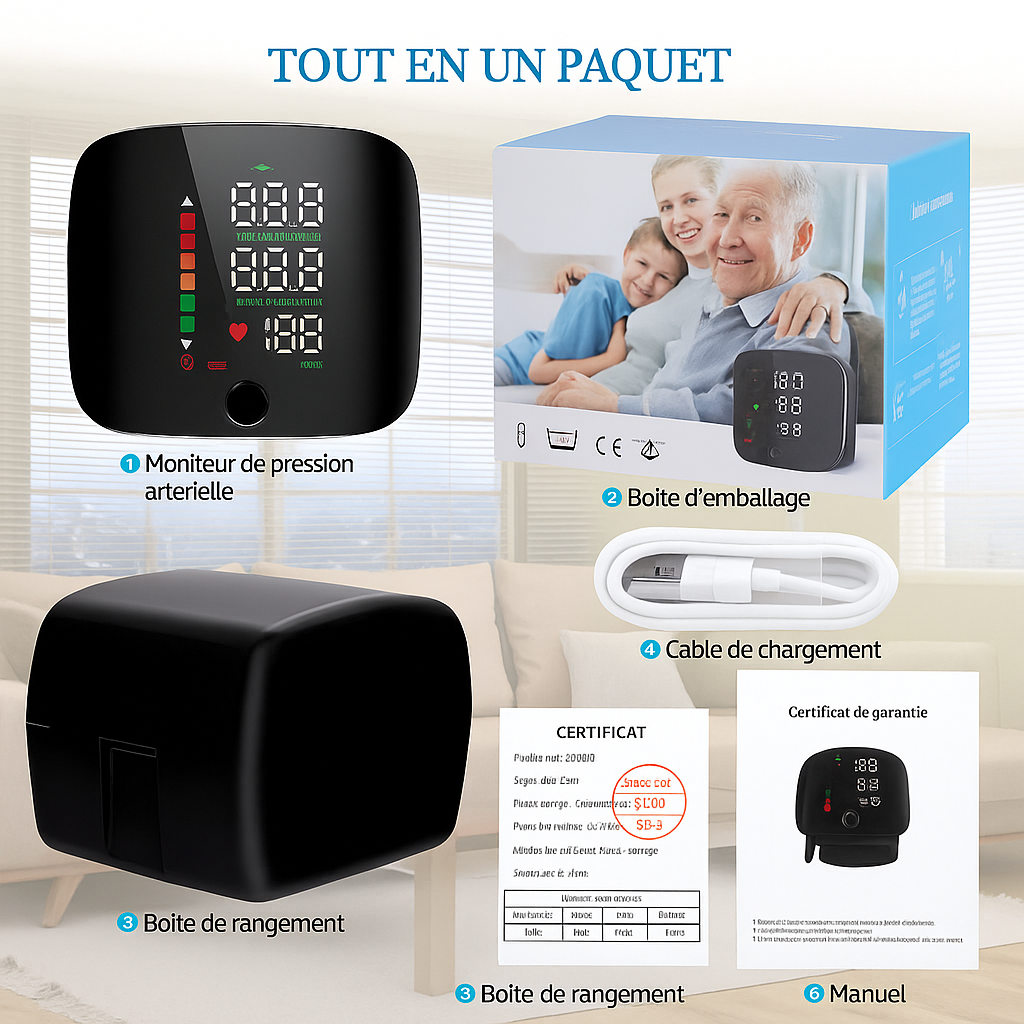 Tensiomètre Poignet Rechargeable – Précision Médicale – Mesure Rapide et Précise avec Annonce Vocale Français