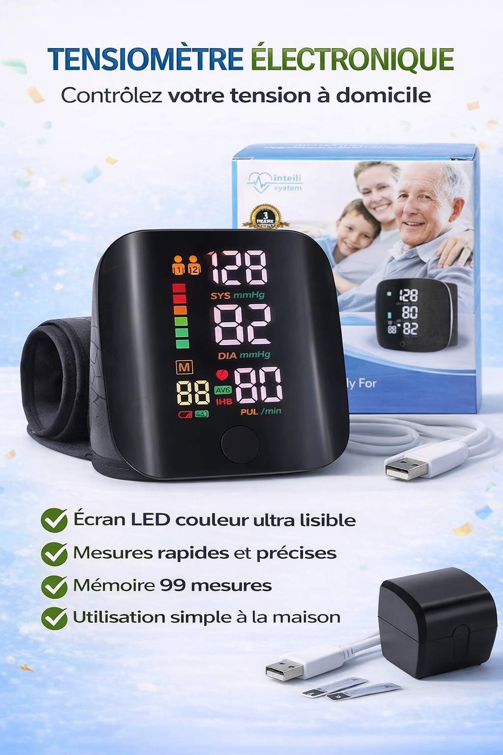 Tensiomètre Poignet Rechargeable – Précision Médicale – Mesure Rapide et Précise avec Annonce Vocale Français